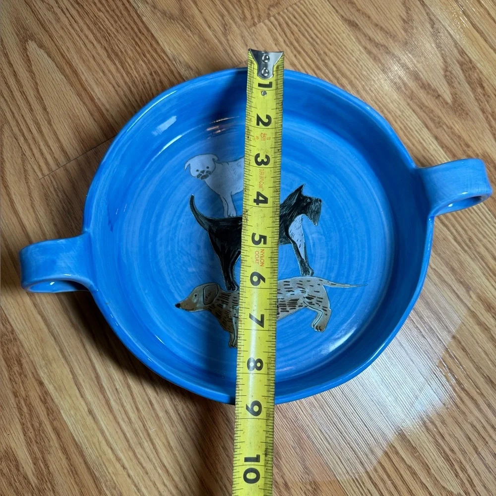 Anthropologie , Gemma Orkan Handpainted Blue with Handles Dog Dish,With 3 Dogs